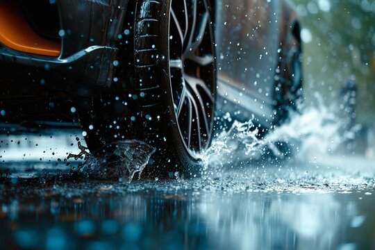 An action-packed shot of car tires handling a rainy obstacle course, highlighting their control and grip on wet surfaces, with dynamic water splashes