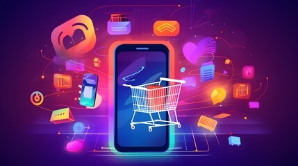 Online shopping concept. Smartphone with shopping cart on screen. Vector illustration