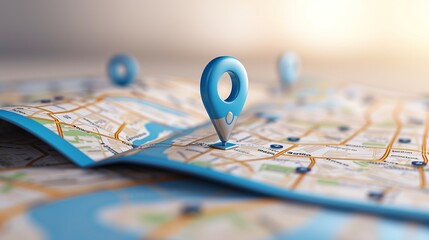 3D Location Folded Paper Map, Search Bar and Pin Isolated. Blue GPS Pointer Marker Icon. GPS and Navigation Symbol. Element for Map, Social Media, Mobile Apps. Realistic Vector Illustration 
