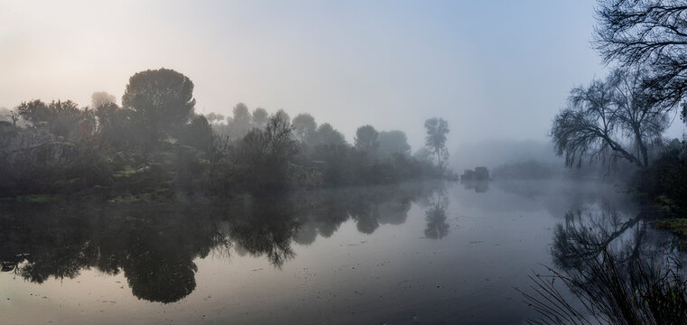 Fototapeta Morning mist on an Andalusian river and the Mediterranean forest