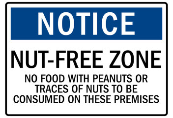 Peanut allergy sign nut free zone. No food with peanuts or traces of nuts to be consumed on these premises