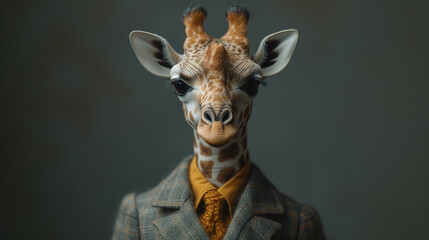 The giraffe in a Suit full body. smart and handsome and look solemn. background in the office room.