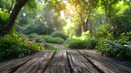 Empty wooden and blurred green nature garden background