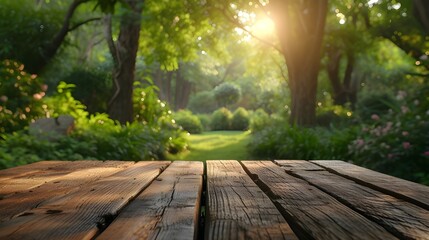 Empty wooden and blurred green nature garden background