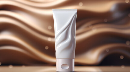 Close up of white cream tube mock-up on blurred background. Layout for cosmetics. Copy space. Generative AI