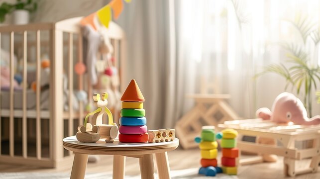 Bright wooden toys on table in cozy baby room interior 