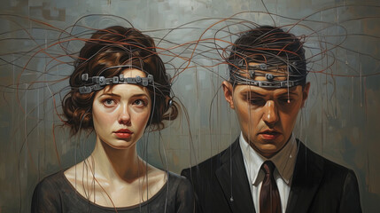 Abstract illustration of the connection between a man and a woman, emotional chaos,  confusion or...