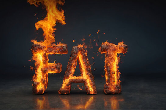 Text FAT burning in fire on black background