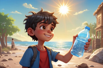 Illustrated cartoon thirsty boy in a sweat because of hotness holding water in plastic bottle - obrazy, fototapety, plakaty