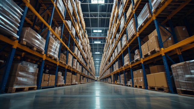Warehouse industrial and logistics companies. Commercial warehouse. Huge distribution warehouse with high shelves. Low angle view.