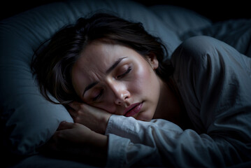 Woman sleeping in bed on pillow in darkness having not good sleep