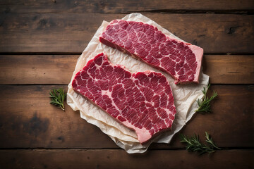 Top view of piece of meat on wooden background