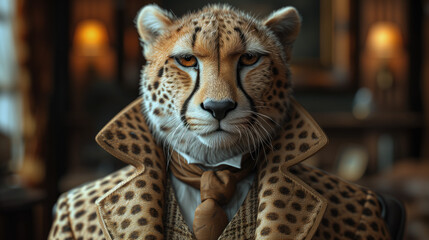 The cheetah in a Suit full body. smart and handsome and look solemn. background in the office room.