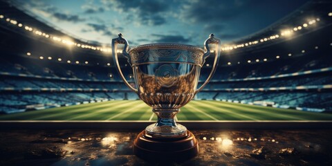 Magnificent winner cup in the stadium, theme of victory, competition. 