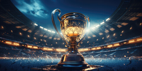Magnificent winner cup in the stadium, theme of victory, competition. Generative AI - Powered by Adobe