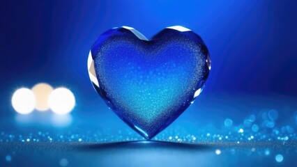 Blue heart shaped glass on blue abstract bokeh background. 3d render. The symbol of love is Valentine's Day. Copyspace