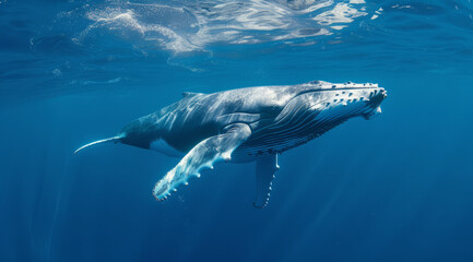 Fototapeta premium Ocean, sea and whale swimming underwater in clear water for tourism, holiday adventure and travel. Blue, peaceful and beautiful scene of wildlife in their habitat for environment and eco system