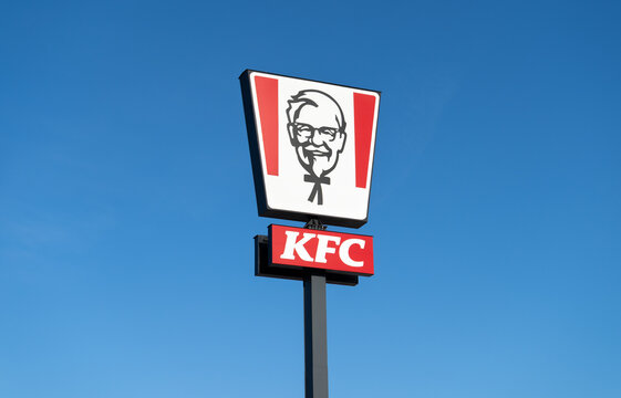 KFC Kentucky Fried Chicken fast food restaurant logo sign. American chain fast-food eatery signboard with the brand's logotype display on January 21, 2024 in Krakow, Poland.
