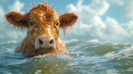 Cow swimming in water.