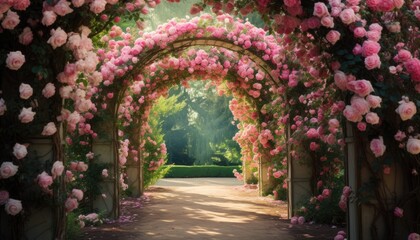 A Beautiful Garden With Pink Roses on the Arch