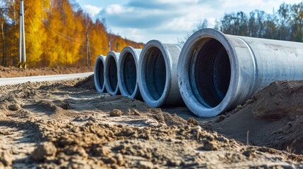 Water pipes for water supply lie on the construction site. View from a large concrete pipe. Preparation for earthworks for laying an underground pipeline. Modern water supply systems