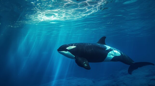 Enchanting Underwater Image of Majestic Killer Whale in Deep Blue Ocean AI Generated.