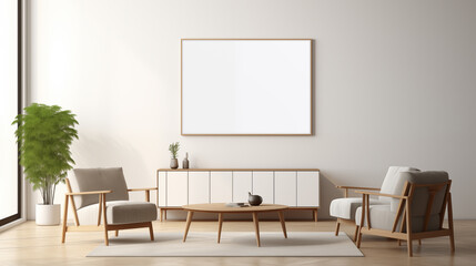 Bright room interior with empty white poster