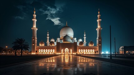 The beautiful serene mosque at night in the blessed month of ramadan the illuminated mosque at night 
