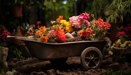 Fototapeta na wymiar Wheelbarrow Filled With Flowers in a Garden