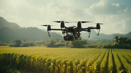Flying smart agriculture drone in sky rural aerial - obrazy, fototapety, plakaty