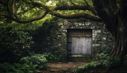 Fototapeta na wymiar Stone Building With Door in the Middle of Forest