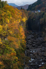 日本　秋田県湯沢市の小安峡の紅葉と皆瀬川
