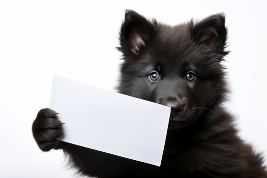 Adorable schipperke dog with paws wrapped around a blank sign mockup, perfect for adding custom text
