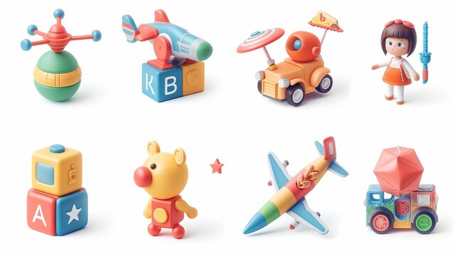 kids toys 3D vector icon set. girl doll, robot toy, ABC block, plane toy, jigsaw, water gun, brick block toys, hoop toy. on white background