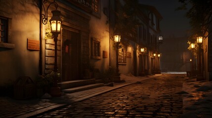 Night city street with old houses and lanterns. Panorama.