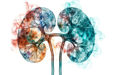 Human kidney organ isolated on white background. Colorful drawn, art. Medical diagnosis concept. Abstract illustration, creative pattern, colored watercolor.