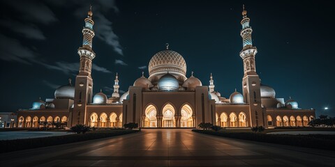 Fototapeta na wymiar The beautiful serene mosque at night in the blessed month of ramadan the illuminated mosque at night 