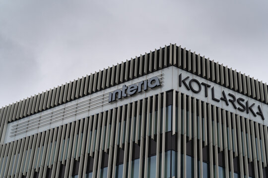 Interia Group logo sign on Kotlarska 11 office building, company headquarters in Kraków. Polish web portal, website with news, information, online services on January 28, 2024 in Krakow, Poland.