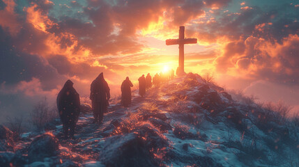 Holy cross with old peoples on mountain. - obrazy, fototapety, plakaty