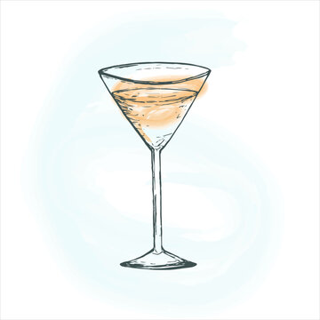 Single Cocktail Glass with drink. Hand sketch fizzy cocktail. Isolated Vector illustration for coffee shop designed.