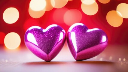 Obraz premium Two pink hearts shaped on bokeh abstract background . 3d. The symbol of love is Valentine's Day.