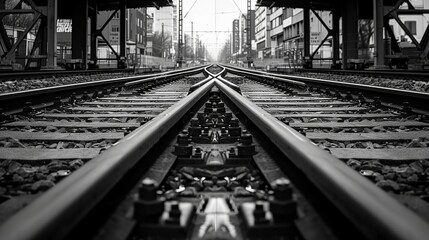 Railway tracks with switches and interchanges at a main line station in Frankfurt Main Germany with geometrical structures, thresholds, gravel and screws. Reflecting symmetrical rails black and white. - obrazy, fototapety, plakaty