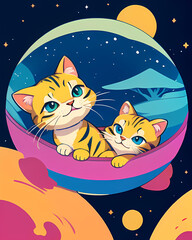 Naklejka premium Cats. Space. Cosmic. Astronauts. Feline. Universe. Galaxy. Exploration. Extraterrestrial. Fantasy. Sci-Fi. Playful. Kitty. Celestial. Interstellar. Whimsical. Adventure. Cosmic Cats. AI Generated.