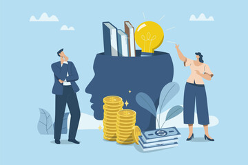 Developing investment knowledge and education, Finding ways to gain wealth from capital, Corporate financial management concepts, Male and female are brainstorming investment finance ideas.