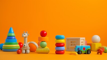 Set of different toys on orange background. Space for text 