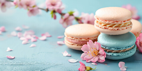 Obraz na płótnie Canvas Delicious and sweet pastel colored macarons decorated with spring flowers. Pastry and bake creative concept.