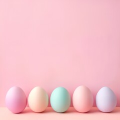 Fototapeta premium Closeup A row of Easter eggs elegantly lines up against a pristine soft background, embodying a minimalistic Easter concept. 