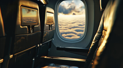 Airplane empty window seat in a business class . Sky view on white-blue clouds. Business trip concept. Generative AI