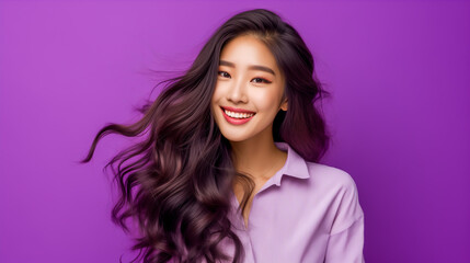 Cheerful young asian woman on purple background