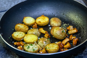 Fried potatoes with chanterelle mushrooms in a frying pan